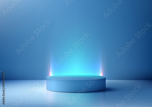 modern blue podium platform 3d mockup technology display showcase with light beams reflective surface gradient background