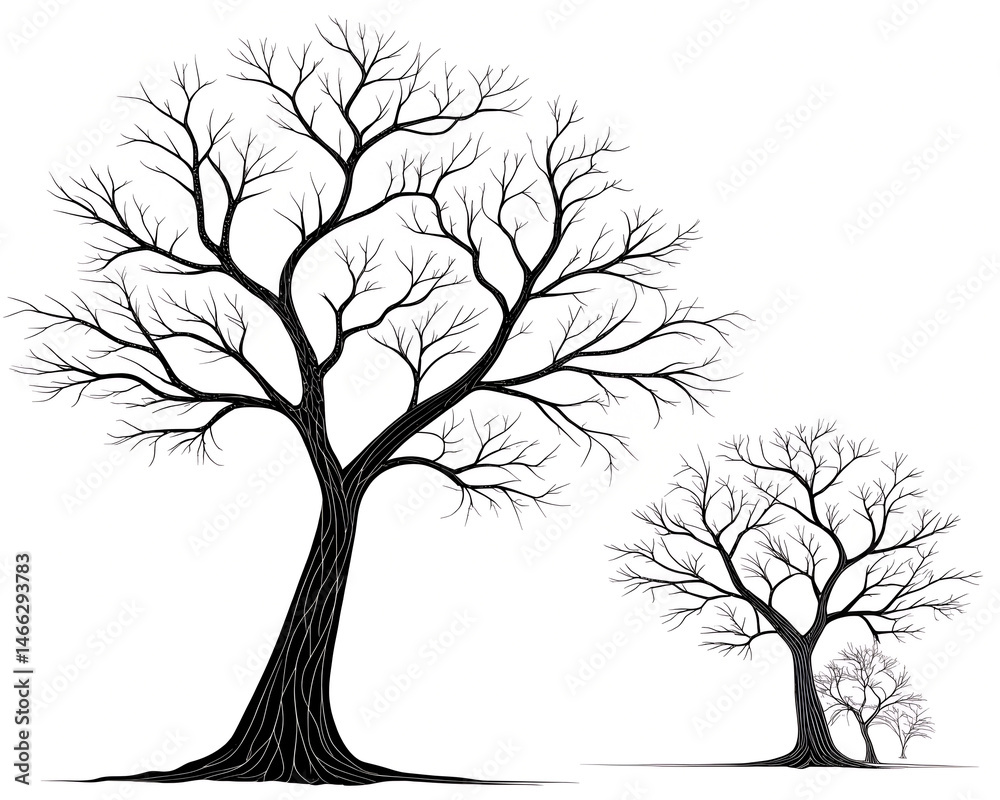 Fototapeta premium Black and white featuring two bare tree branches isolated on white background. Two trees are shown in a black and white photo. The trees are bare and have no leaves.