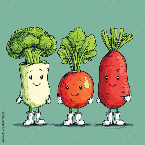 Cartoon food in retro style. Vegetables characters in funny 30s style. Doodle tomato, beets and broccoli in boots and white gloves, vector style simple color