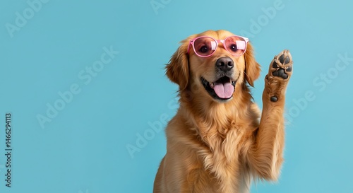Playful golden retriever wearing pink sunglasses and waving hello on blue background