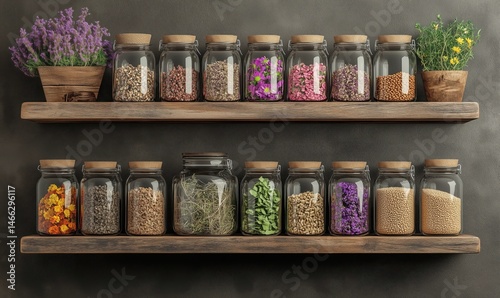 Wallpaper Mural Herb and spice jars on wooden shelves with decorative plants and colorful labels Torontodigital.ca