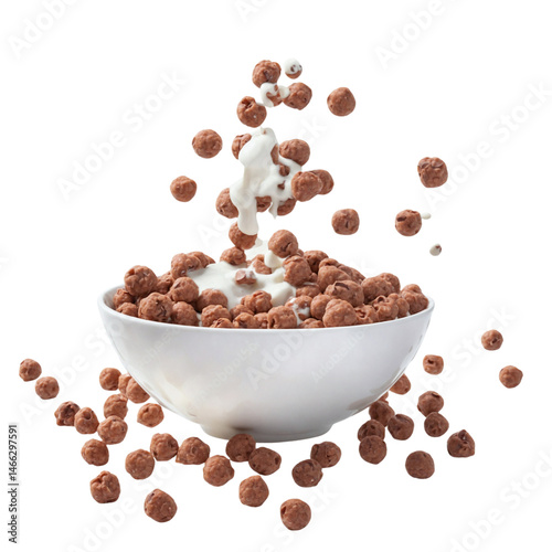 A bowl of rounded chocolate cereal balls with milk, advertising concept, isolated on transparent background


