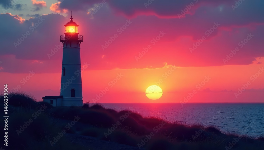 A slender, modern lighthouse silhouette illuminated against a vibrant sunset , sea, bright A slender, modern lighthouse silhouette illuminated against a vibrant sunset , sea, bright