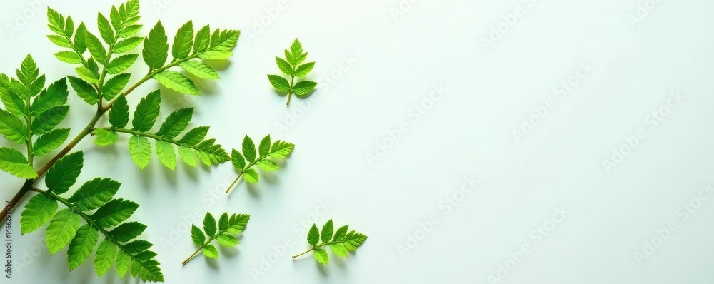 Delicate fern fronds scattered on white surface, nature, leaves Delicate fern fronds scattered on white surface, nature, leaves