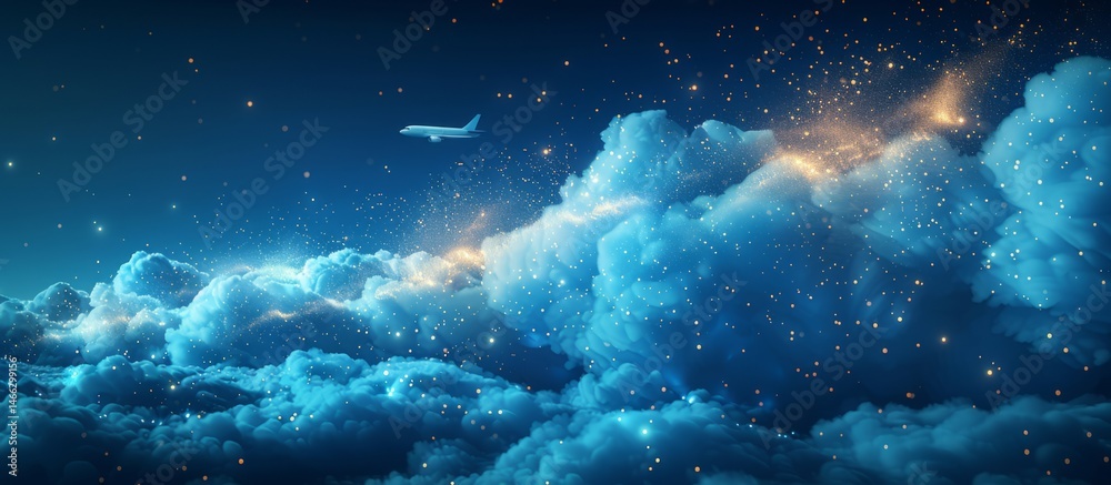 Obraz premium Airplane Soaring Above Clouds at Night with Sparkling Stars