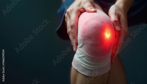 Close-up of a bandaged knee showing swelling and bruising after an injury , medicine, patellar injury