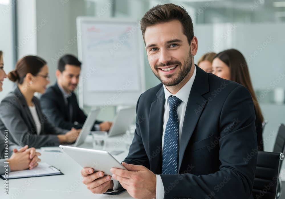 Smiling businessman with tablet at a table in a meeting with colleagues in the background Smiling businessman with tablet at a table in a meeting with colleagues in the background