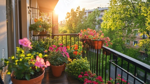 Fototapeta Naklejka Na Ścianę i Meble -  Colorful balcony garden bursting with flowers at sunset