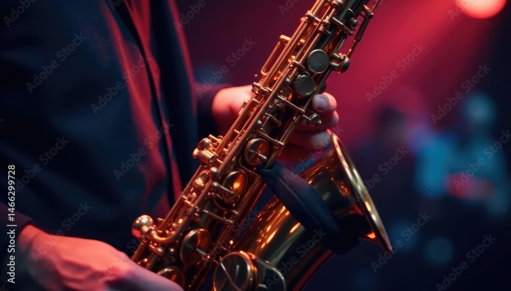 Fototapeta premium Close-up of a saxophone, muted, on a dimly lit stage , instrument, jazz music, rhythm