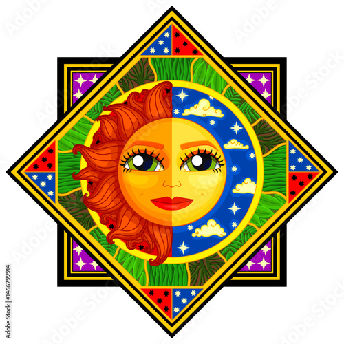 vector sun and moon design. Cartoon clip art isolated on transparent background. Hand drown design element. 