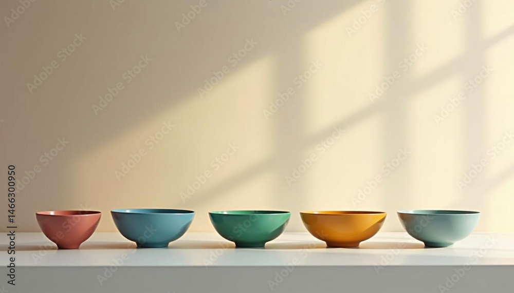 Fototapeta premium Minimalist arrangement of five colorful ceramic bowls in sunlight on white surface 