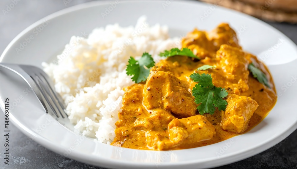 A delicious plate of chicken curry served with fluffy white rice, garnished with fresh cilantro, showcasing vibrant colors and rich textures A delicious plate of chicken curry served with fluffy white rice, garnished with fresh cilantro, showcasing vibrant colors and rich textures