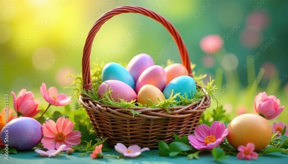 Naklejka premium Colorful Easter eggs in a basket, spring flowers surrounding , religious, greenery, bright
