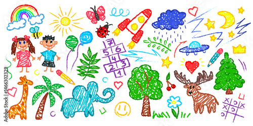 vector crayon kids drawing set. Cartoon color clip art isolated on transparent background. Hand drown design element. 
