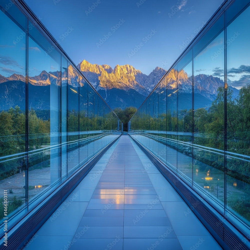 Obraz premium Glass Hallway Perspective: Majestic Mountains Reflected in Architectural Design, Seamlessly Blending Nature with Modern Structure under a Clear Blue Sky.