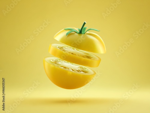 Sliced Yellow Tomato Floating on Yellow Background Fresh Food Still Life