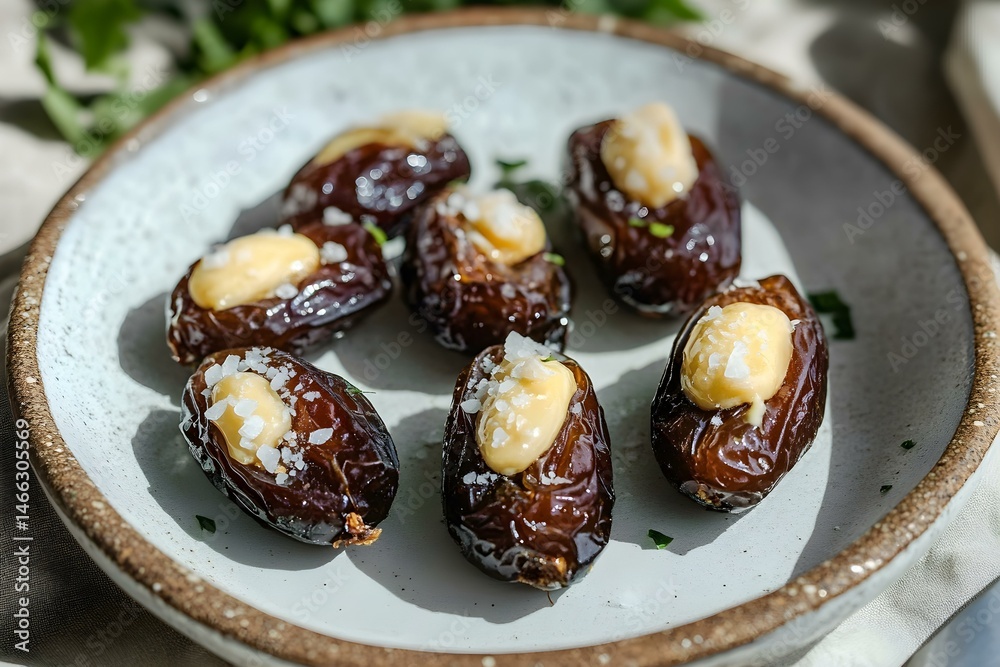 Fototapeta premium Butter-Stuffed Dates with Sea Salt on Ceramic Plate in Elegant Gourmet Presentation