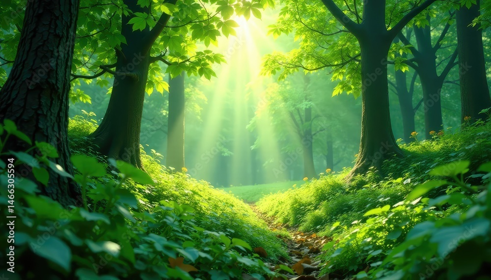 Fototapeta premium Lush green forest scene, vibrant foliage, sunlight dappling through leaves , wilderness, verdant, leafy