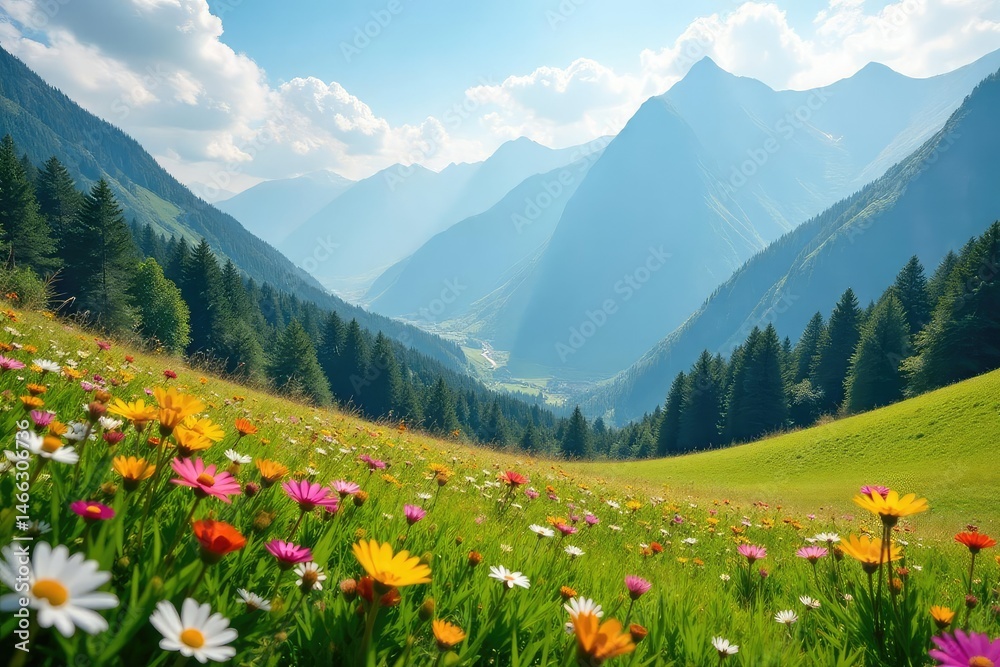 Fototapeta premium Serene mountain meadow bathed in sunlight, wildflowers in bloom , countryside, clouds, flower meadow