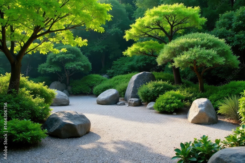 Fototapeta premium Serene scene at a Japanese Zen garden, featuring a rock garden and meticulously raked gravel , spiritual practice, contemplation