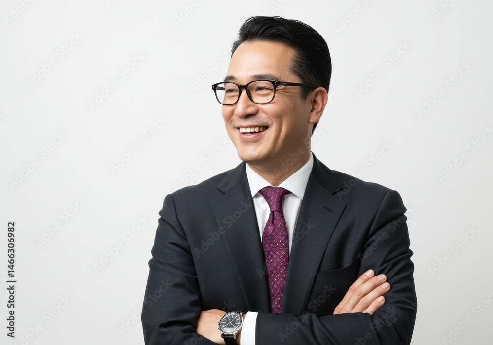 Confident asian man in suit with arms crossed smiling against a white background Confident asian man in suit with arms crossed smiling against a white background