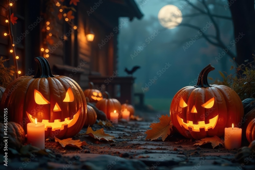 Naklejka premium Spooky Halloween scene with flickering candlelight illuminating jack-o'-lanterns and autumnal decorations , halloween background, autumn, festive