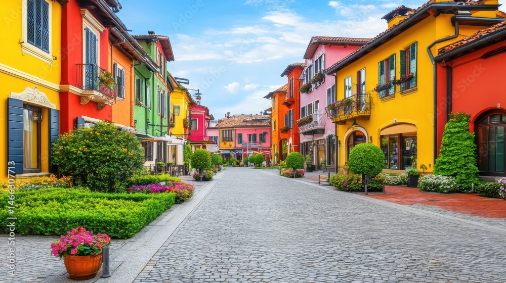 Fototapeta premium Vibrant Tuscan Village Scene with Colorful Buildings Charming Cobblestone Street and Lush Greenery perfect for Travel and Architectural Inspiration