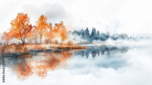 Autumn trees with orange leaves reflect on a calm lake, surrounded by mist and a distant forest, creating a serene, watercolor landscape.