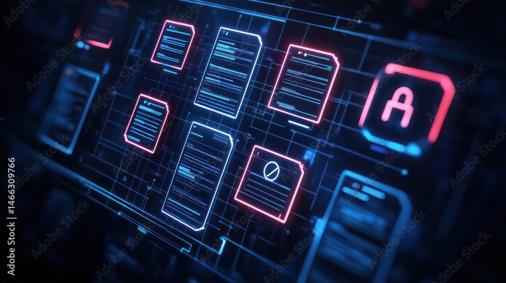 Obraz premium Abstract digital display with glowing documents and interface elements