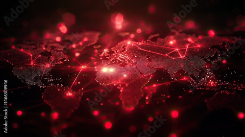 Abstract red and black world map illustrating digital network connections 
