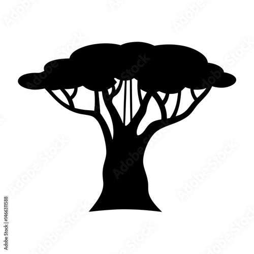 banyan tree vector silhouette icon, black and white illustration of trees.
