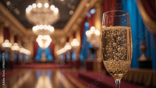 Title Glass of champagne in grand ballroom. Suitable for luxury event promotions, celebrations, New Years Eve themed designs.
Celebration, luxury, elegance, event, party, champagne, festive, glamour, 