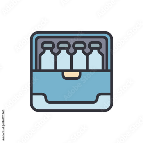 Box containing four identical bottles arranged neatly inside illustration