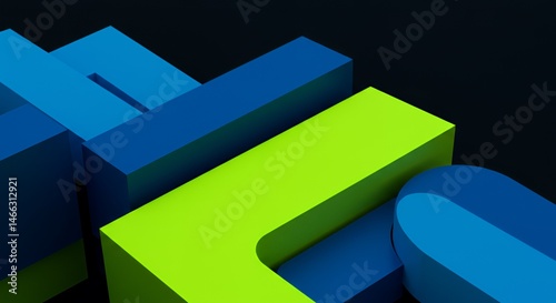 Abstract 3D Geometric Composition: Vibrant Blue and Lime Green Interlocking Shapes