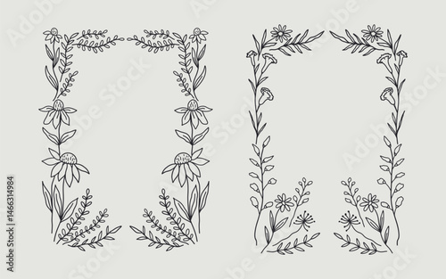 Floral frame border set hand drawn illustration with flowers, blooms, branch. line art style. Perfect for wedding, cards or invitation.
