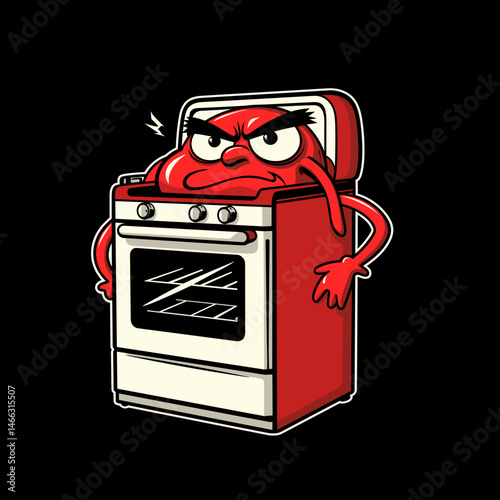 Angry cartoon stove character with arms and a frown