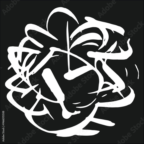 White marker doodle explosion. Random irregular intersecting lines. Monogram abstract graffiti round tag, grunge background. Calligraphic spherical pattern. Vector hand drawn lettering sign