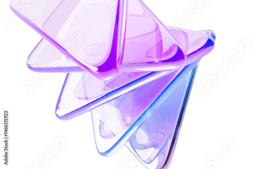 Abstract 3d background with crystal glass transparent triangle plate shapes, rainbow light flare effect, prism refraction. Holographic gradient triangular pattern, render tech banner