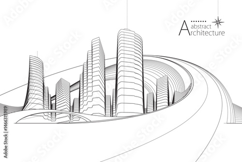 3D illustration abstract urban landscape, imaginative architectural perspective line drawing.