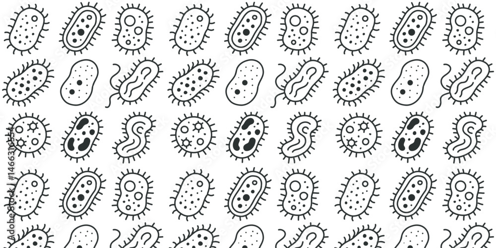 Fototapeta premium Seamless doodle pattern with cute microbes
