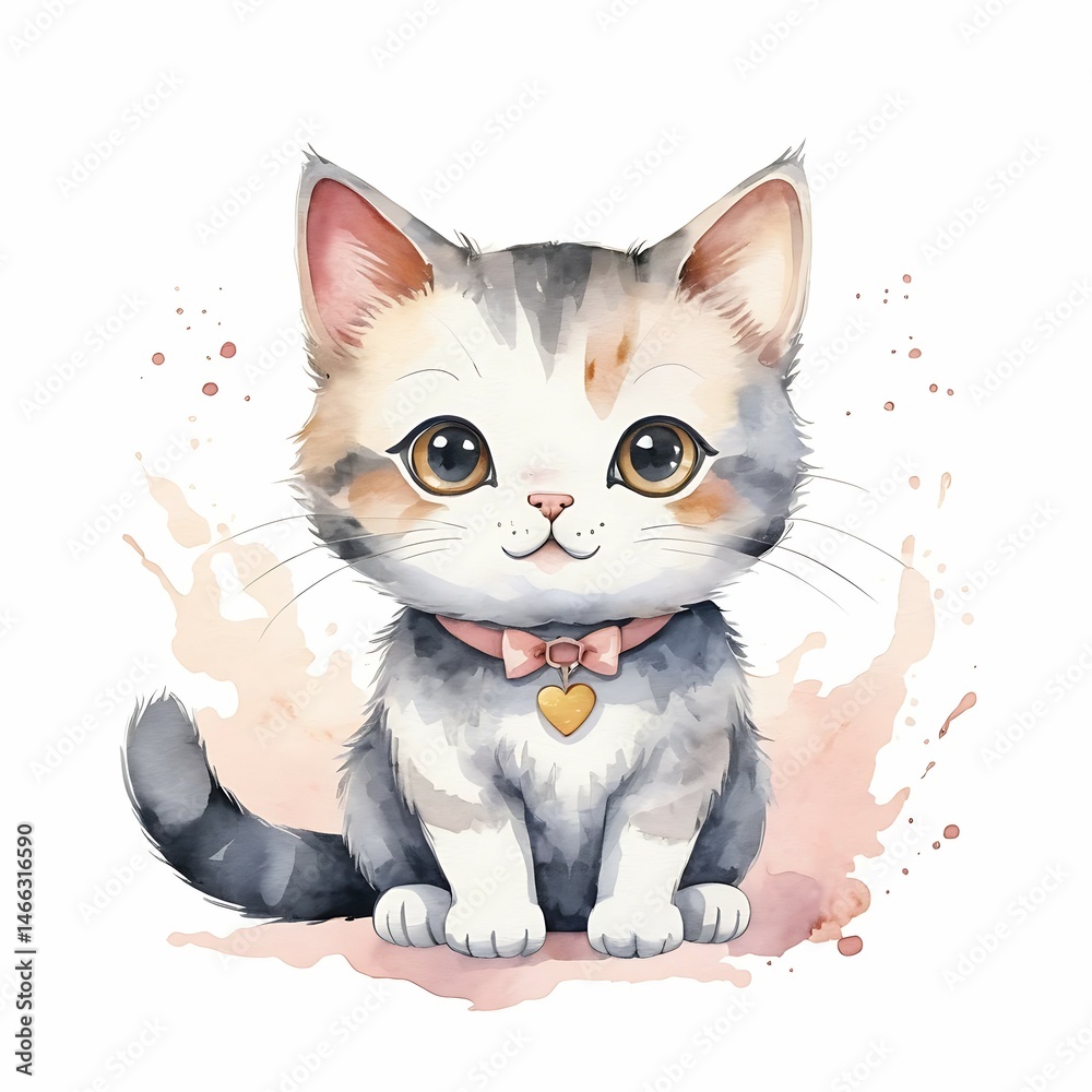 Fototapeta premium Cute Kitten Sitting Watercolor Style with Pink Collar and Gold Heart