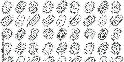 Seamless doodle pattern with cute microbes