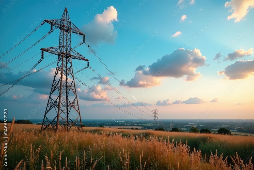 Obraz premium High-voltage power lines stretching across a landscape, carrying electricity from a distant power plant , transmission line, current