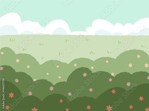 cute abstract watercolor illustration of colorful soft pastel cloud blue sky, grass field, meadow hill scenery background wallpaper