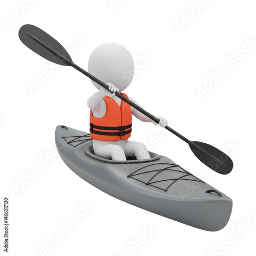 Figure kayaking with life vest on white background