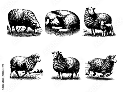 Vintage black and white illustrations of sheep in various poses, including grazing, walking, resting, and jumping, with detailed wool texture and rural charm.
