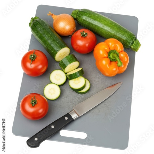 Vegetables and knife on gray board on white background
