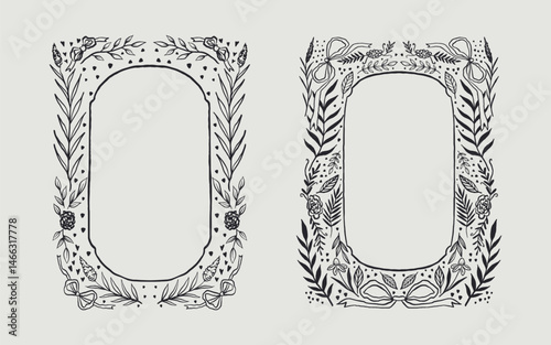 Floral frame and ribbon bow border set hand drawn illustration with flowers, blooms, branch. line art style. Perfect for wedding, cards or invitation.
