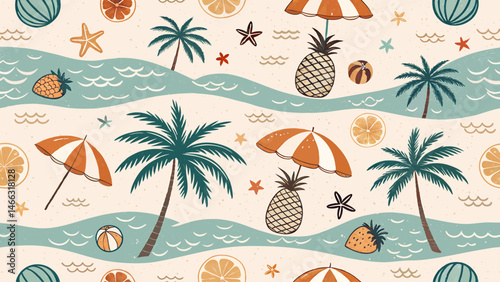 Fun vintage seamless design with tropical elements and beach vibes