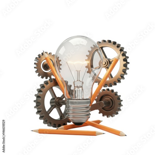 Lightbulb with gears and pencils on white background